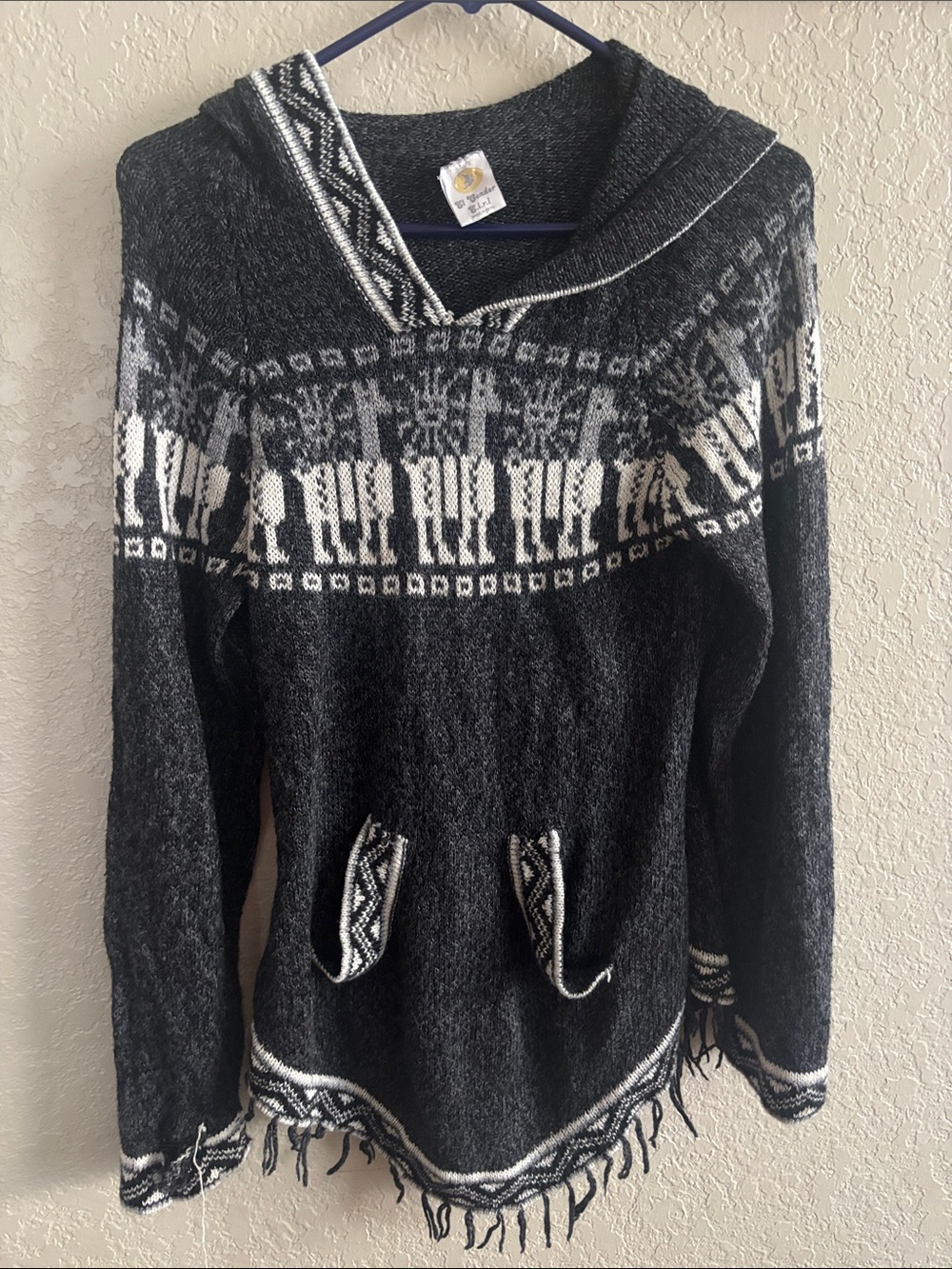 Black & White Alpaca-Blend Shawl Collar Sweater with Hoodie